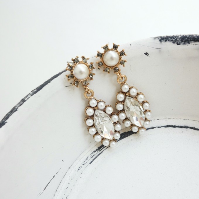 復古珍珠垂鑽耳環